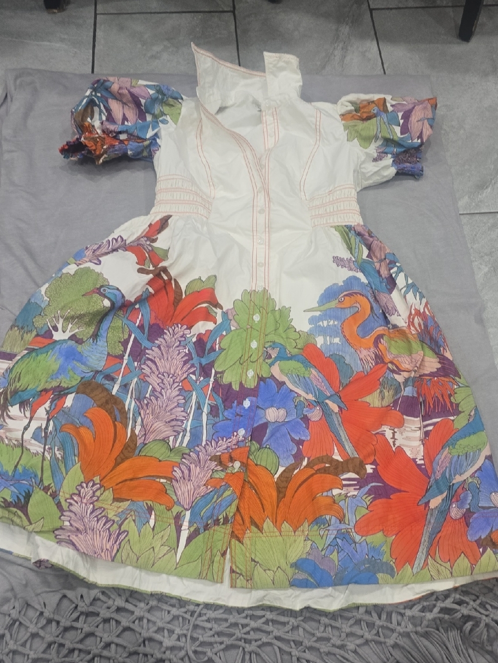 White Dress with Vibrant Tropical Floral & Bird Print